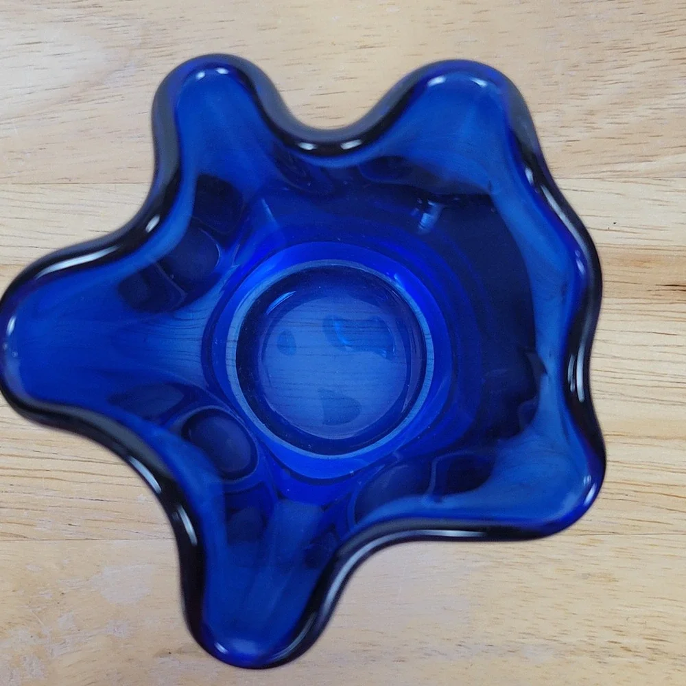 Vintage Cobalt Blue Art Glass Handkerchief Vase Hand Blown Mid Century Style